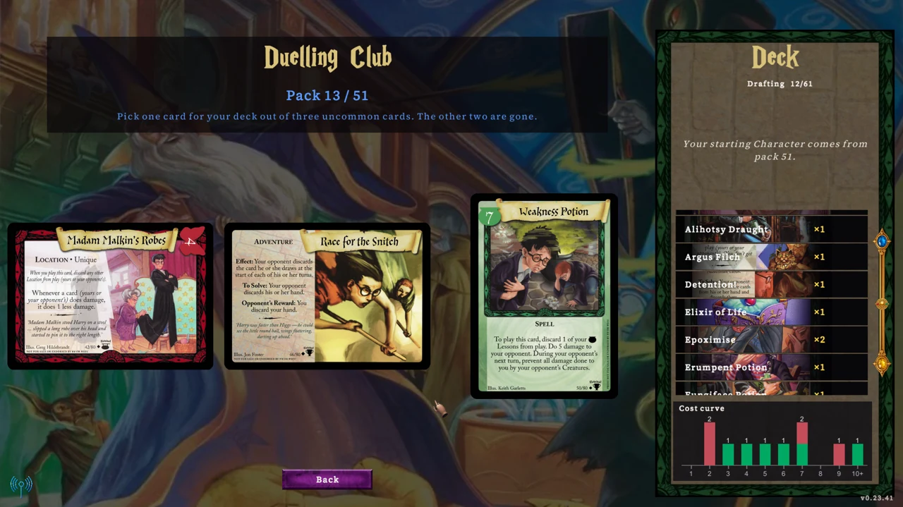 Dueling Club draft with three cards to choose from and a growing deck